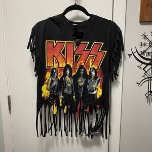 KISS‎ Fringed Cropped Sleeveless Band Graphic T-Shirt Ladies (M)  Alstyle Rock